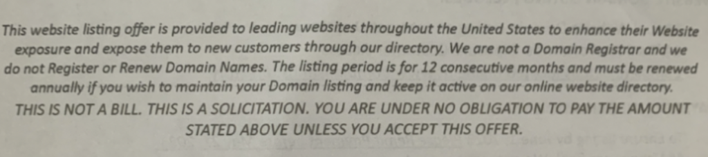 Fine print of the domain listings scam mailer.
