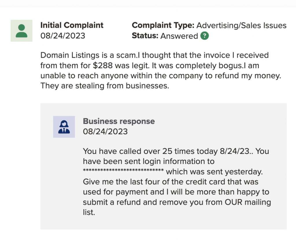 Picture of a BBB complaint for Domain Listings Scam 
