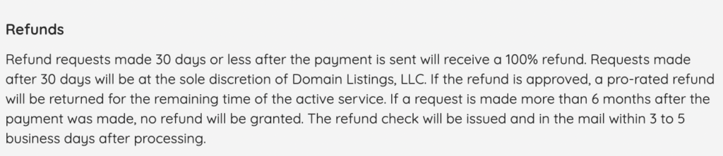 Picture of the Domainlistings.Directory refund policy.